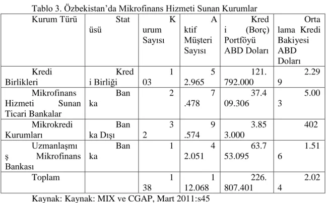 Tablo 3. Özbekistan’da Mikrofinans Hizmeti Sunan Kurumlar 