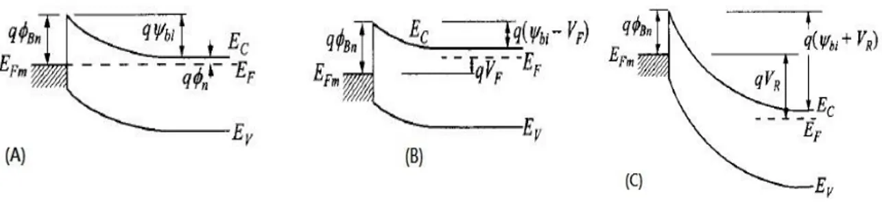 Figure  3.10. Energy-band diagrams of metal on n-type semiconductors under different biasing conditions