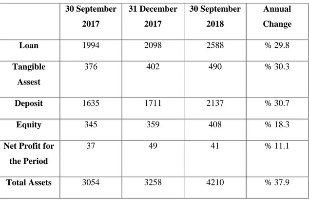 Table 1.1.Basic Sizes of the Turkish Banking Sector  30 September  2017  31 December 2017  30 September 2018  Annual  Change  Loan  1994  2098  2588  % 29.8  Tangible  Assest  376  402  490  % 30.3  Deposit  1635  1711  2137  % 30.7  Equity  345  359  408 