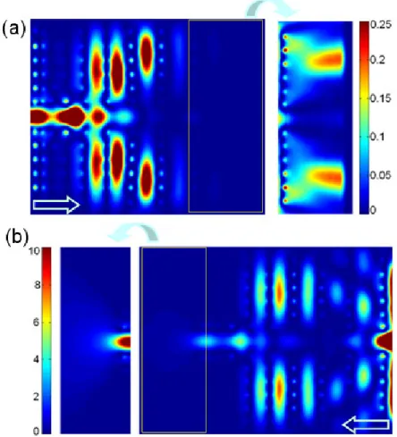 Fig.  6.  The  detailed  presentations  of  the  intensity  distributions  in  linearly  chirped  waveguide  configuration  for  the  forward  and  backward  light  propagations  are  shown  in  (a)  and  (b),  respectively