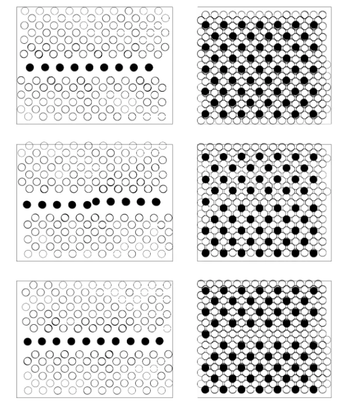 Fig. 4. Snapshots of side and top views of the upper Ni(1 1 0) slab moving laterally above the lower Ni(1 1 0) slab with Xe coverage Θ = 0.84.