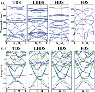 FIG. 2. (Color online) (a) The phononic band dispersions of TDS, LHDS, HDS, and FDS structures