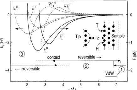 Fig.  1.  Interaction  energy  Ei,  perpendicular  force  F ± ,   and  force  gradient  VF±  (in  arbitrary  units) versus  separation  z  calculated  for  an  AI(001)  sample  and  tip  at  the  hollow  (H)  and  top  (T)  sites