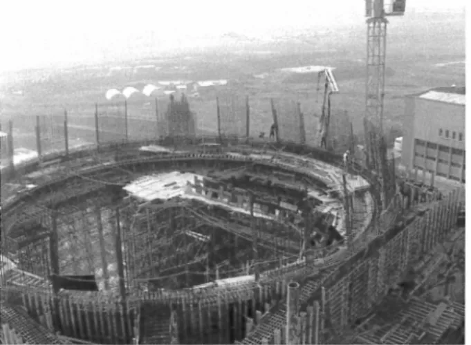 FIGURE  !3.  The  drum  of AHA  Mosque  under  construction.  under which is  a pool with a "tree of  life" design
