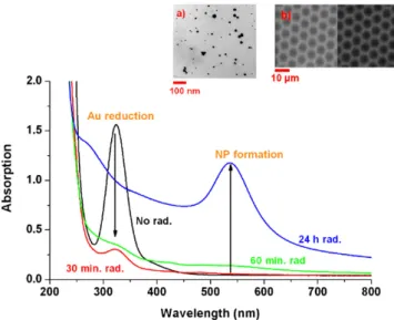Fig. 1. UV spectra of PMMA ﬁlm showing Au 3+ reduction and Au NP formation dur- dur-ing irradiation