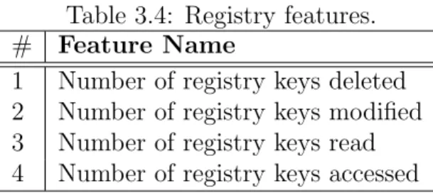 Table 3.4: Registry features.