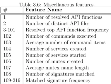 Table 3.6: Miscellaneous features.