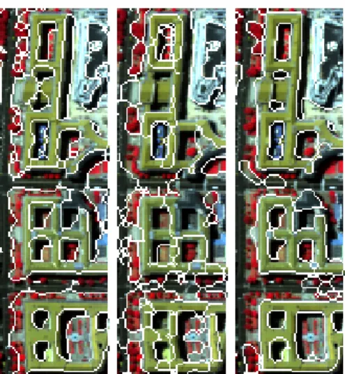 Fig. 2. Example segmentation results (overloaded as white on false color and zoomed) for the Centre data set