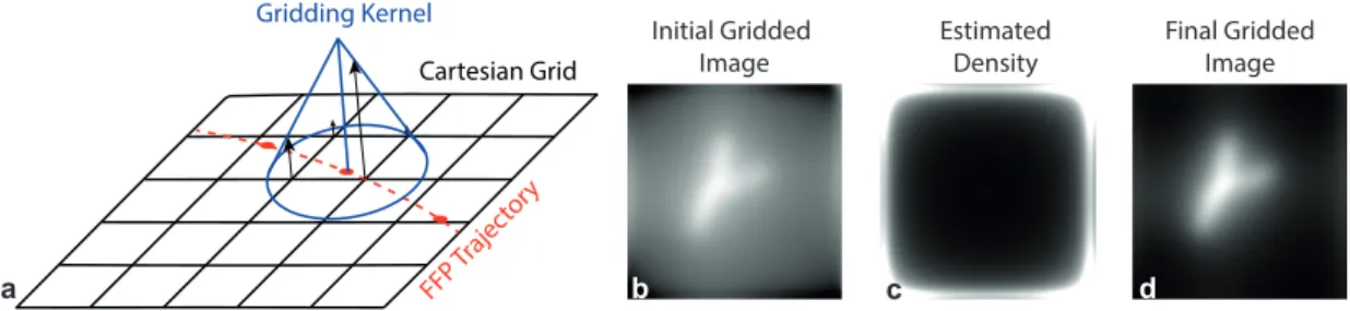 Figure 3.2: The proposed gridding algorithm. (a) Each data point on the FFP trajectory is convolved with the gridding kernel and re-sampled onto a Cartesian grid