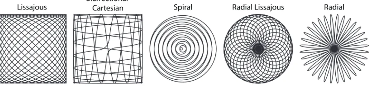 Figure 4.1: The non-Cartesian FFP Trajectories used in this thesis, all shown here for N P = 16 and identical T R .
