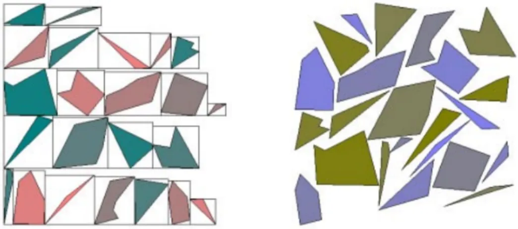 Figure 2.11: Packing results of a arbitrarily shaped object set using two methods: