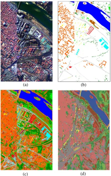 Fig. 1. Example classification results using a pixel-based quadratic Gaussian classifier with (c) PCA and Gabor features and (d) DAFE features