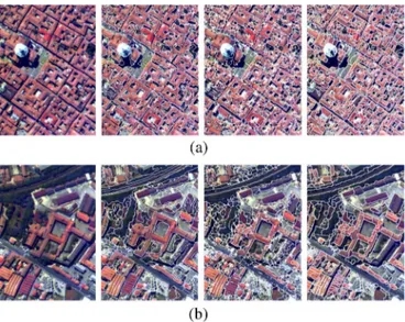Fig. 11. Example segmentation results for the Pavia data set. From left to right: false color, result of the proposed approach, result of Pesaresi–