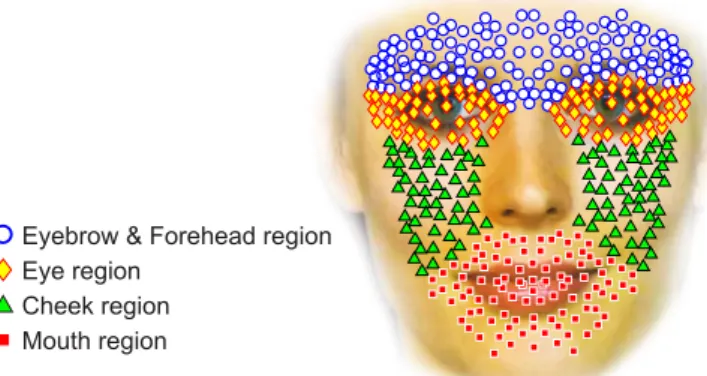 Fig. 2. Tracked facial landmarks, and the defined regions.