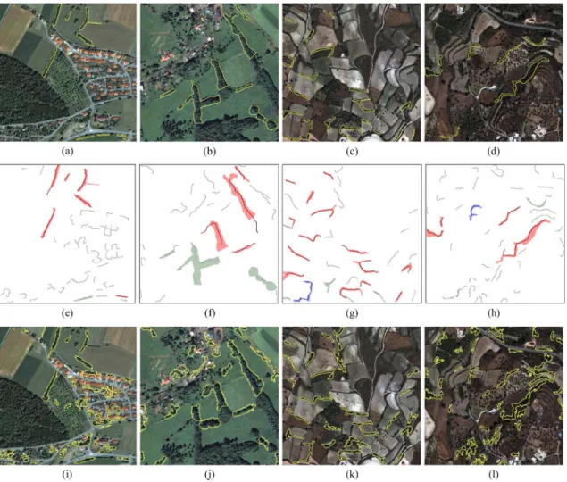 Fig. 6. Example results for hedge detection. The first row shows the object-level ground truth