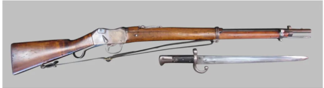 FIGURE 7. A post 1911/1912 converted Peabody-Martini Rifle, fitted for the 7.65  53R cart- cart-ridge, with the shortened yataghan bayonet associated with this model, and the lug in front of the foresight for fitting a socket-bayonet in place of the yatag