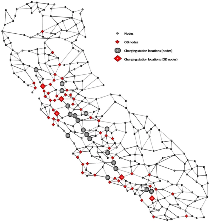 Fig. 4. Optimal charging station locations for California road network. 
