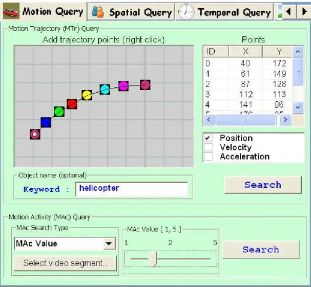 Figure 4.6: BilVideo-7 client motion query interface. Motion Trajectory queries are formulated at the top; Motion Activity queries are formulated at the bottom.