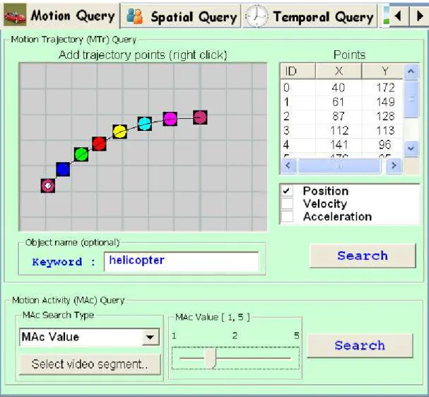 Figure 4.6: BilVideo-7 client motion query interface. Motion Trajectory queries are formulated at the top; Motion Activity queries are formulated at the bottom.