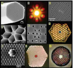 Figure 2.5: SEM and optical images of various 2D photonic crystal fibers.