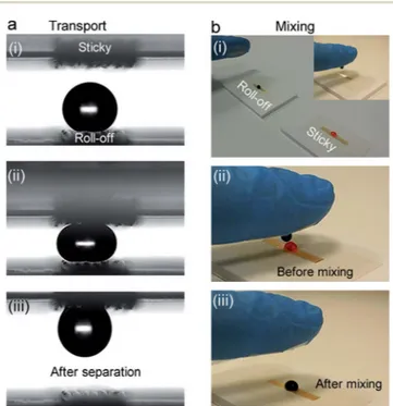 Fig. 5 Droplet transport and mixing. (a) Snapshots of a 4 mL suspended droplet on the roll-o ﬀ superhydrophobic ﬁber surface (array of 300 mm coated grooved ﬁbers)