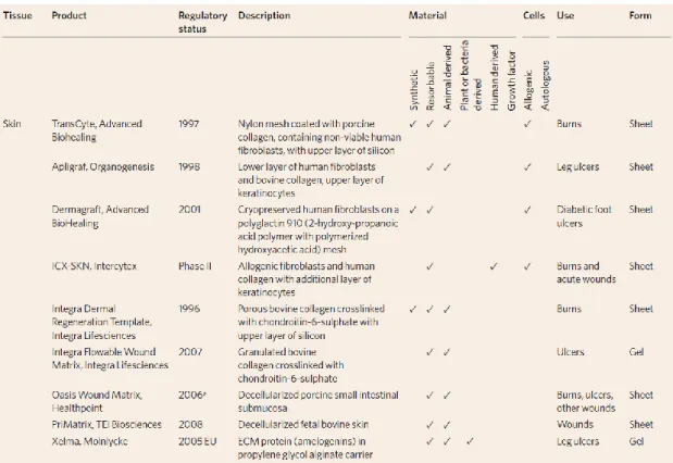 Figure  5.  Commercially  available  tissue  engineering  products  for  injuries  and  diseases of the skin