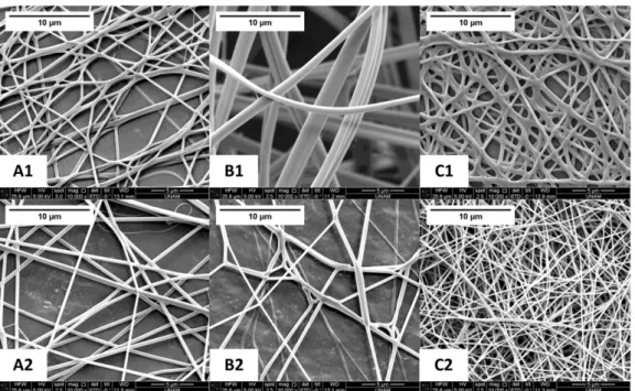 Fig. 2. SEM images of biocatalytic membranes prepared by Sample A. Electrospinning parameters; 5 min., 15 cm, 0.40 mL/h with voltages (A1) 9 kV, (A2) 12 kV; 5 min., 9 kV, 10 cm with ﬂow rates (B1) 0.50 mL/h and (B2) 0.35 mL/h; 5 min., 9 kV, 0.35 mL/h and w