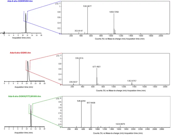 Figure 2.2 Liquid chromatography-mass spectrometry (LC-MS) analyses of the synthesized  adamantane conjugated peptides