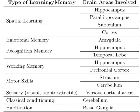 Table 3.1: Brain areas responsible for different types of learning/memory.