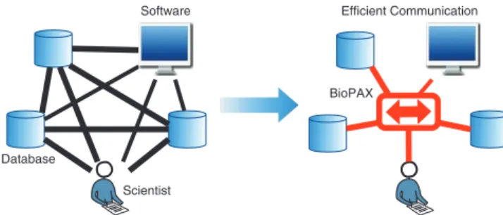 Figure 1  BioPAX is a shared language for biological pathways. BioPAX  reduces the effort required to efficiently communicate between pathway  users, databases and software tools
