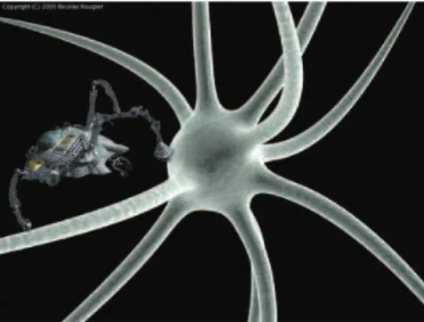Figure 1.3: An artist’s impression of a nanorobot in the vicinity of a neuron [2]