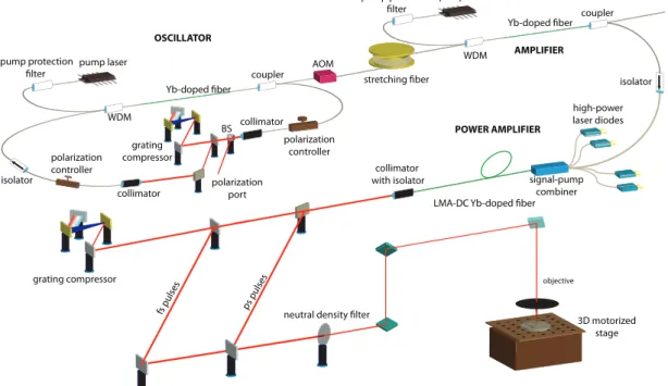 Figure 2.5: Depiction of the ultrashort pulsed all-fiber-integrated Yb amplifier and the biomaterial modification setup, BS: beam splitter, AOM: acousto-optic modulator, LMA: large mode area, DC: double-clad.