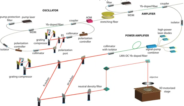 Figure 2.5: Depiction of the ultrashort pulsed all-fiber-integrated Yb amplifier and the biomaterial modification setup, BS: beam splitter, AOM: acousto-optic modulator, LMA: large mode area, DC: double-clad.