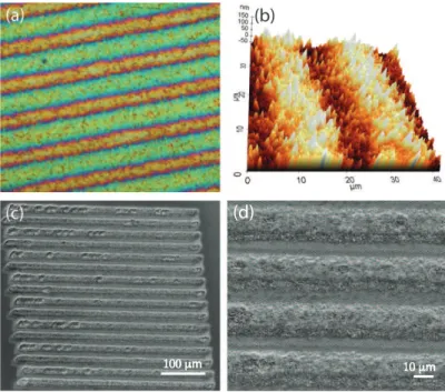 Figure 2.7: Surface topographies created using femtosecond pulses. Optical mi- mi-croscope (a) and AFM (b) images of the nanoscale surface topographies generated at low fluence (0.04 J/cm 2 )