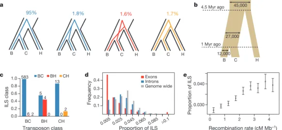 Figure 3 | Incomplete lineage sorting. a, Schematic description of ILS states and percentage of bases assigned to each state