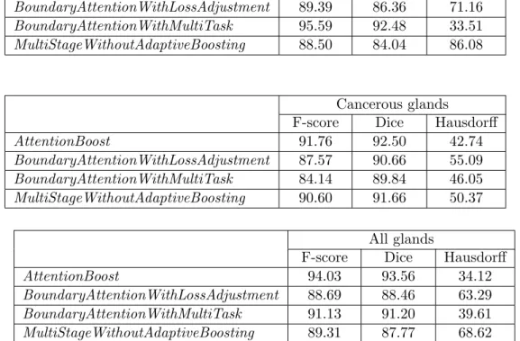 Table 5.1: Quantitative results of the proposed AttentionBoost model and the comparison methods obtained on the test set images.