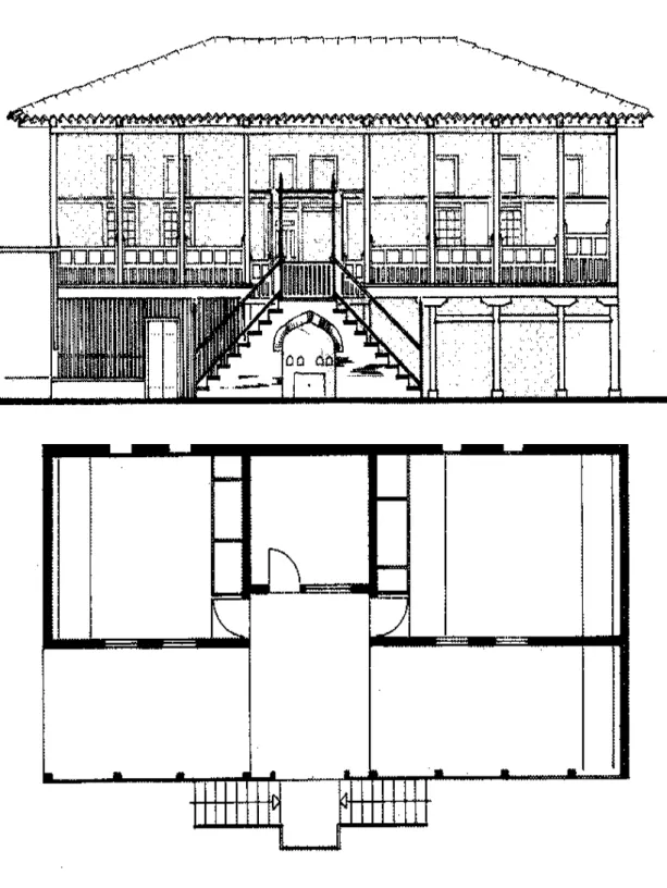 Figure 12. Bursa Halıcı  İzzet house; main floor plan and hayat façade (Kuban, The