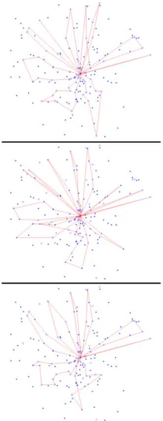 Fig. 1. The optimal VRP, VRPRDL and VRPHRDL solutions for Instance 28 from top to bottom, respectively 