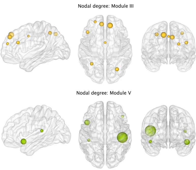 Fig 8. Differences between groups in the nodal functional degree. Significant decreases in the nodal degree of regions from Module III or fronto- fronto-parietal network in Parkinson’s disease patients with mild cognitive impairment (PD-MCI) compared to co