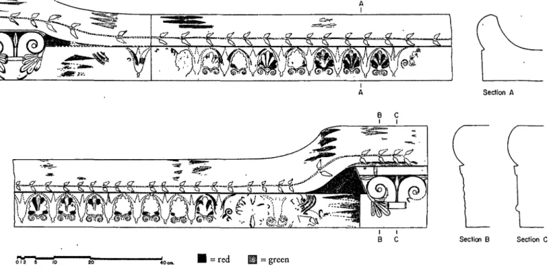 Fig.  10  Elevation and sections of the carved and painted front edge of the rear  kline  bedslab, Lale Tepe, marble 