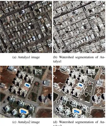 Fig. 1. Examples from an Ikonos panchromatic image of An- An-talya, Turkey and the corresponding watershed segmentation results