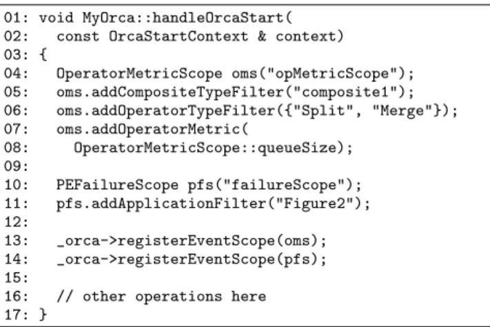 Figure 5 shows a code segment of the ORCA logic for the application in Figure 2. This ORCA logic receives events that match two different kinds of subscopes