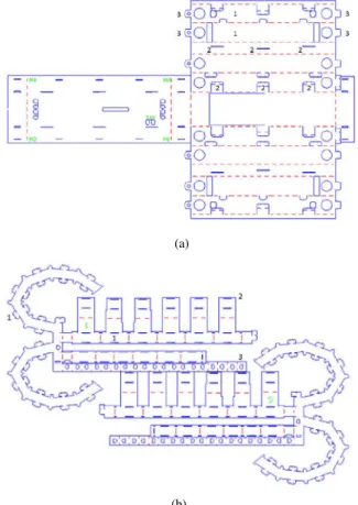 Fig. 5. (a) 2D AutoCAD drawings of the body where blue lines represent the full cuts and red lines represent the folding lines