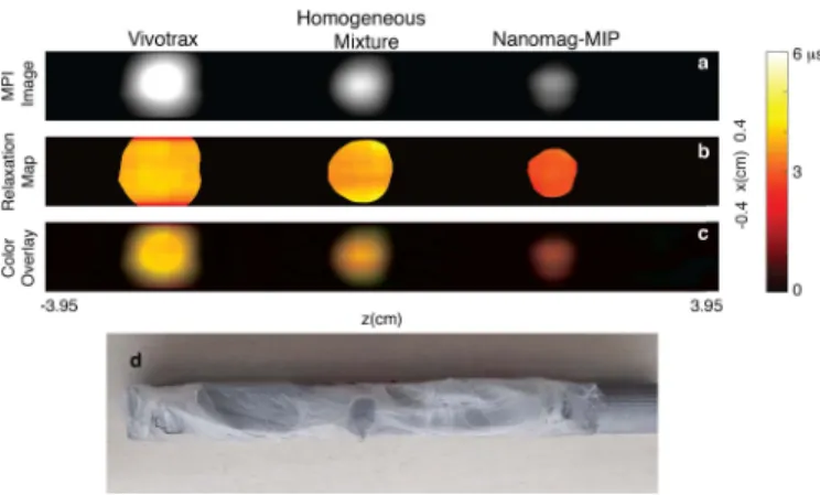 Fig. 10. Calibration-free multi-color MPI results in 2D. The imaging experiment was conducted at 9.7 kHz and 15 mT-peak drive field, using Nanomag-MIP and VivoTrax SPIOs, and their homogeneous mixture.