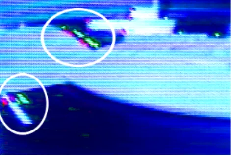 Fig. 3. Feature detection and tracking to estimate 2D camera egomotion. Red pixels are features  detected in the current frame, green pixels are features detected in the previous frame (leftward  motion shown)