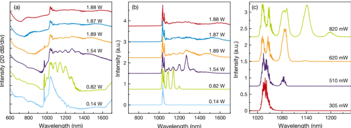 Figure 3. (a) 10 m and 20 m graded-index MMF for 1 MHz pump pulse repetition rate. Spectrum of pump  pulse is presented as black