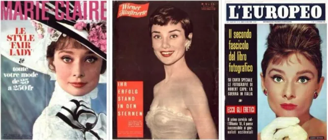 Figure 13. Hepburn's appearance on French, German and Italian magazines as a style icon 