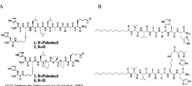 Figure 1.8 Examples of  Self-Assembled Peptide Catalysts a) palmitoyl  conjugated b) lauric acid conjugated self-assembled peptide catalyst