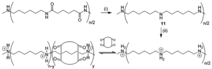 Figure 8. Synthesis of 11 followed by threading with cucur- cucur-bituril 1. Conditions and reagents: (i) BH 3 ‚DMS, THF, reflux, 66%; (ii) DCl/D 2 O (20% w/w), 20 and 90 °C.