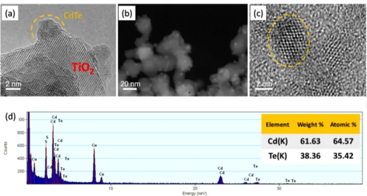 Figure 2. (a) Bright-ﬁeld TEM image of CdTe/P25 composite material. (b) HAADF-STEM image of CdTe/P25